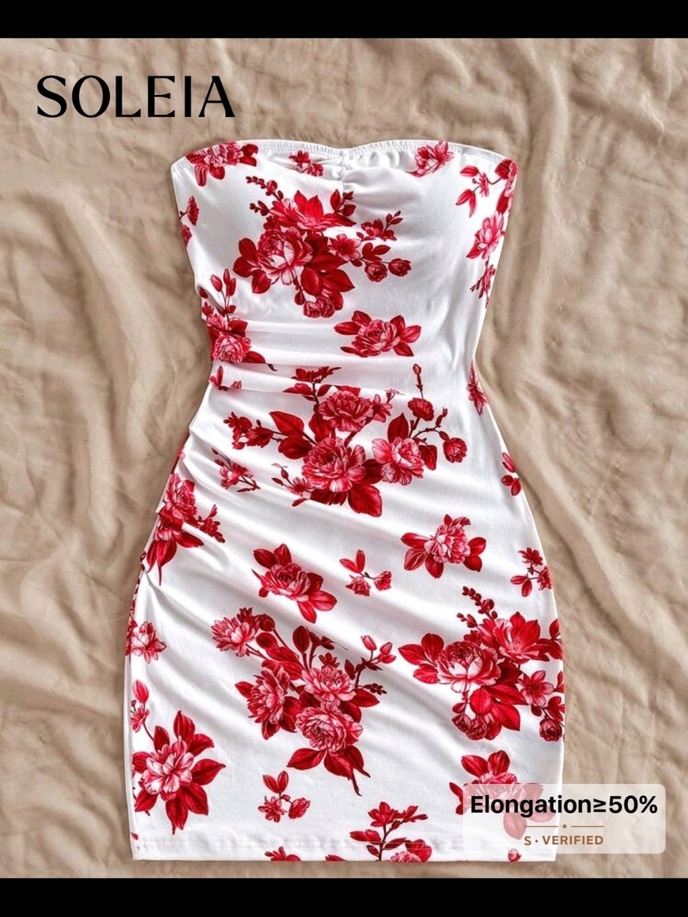White Strapless Floral Bodycon Dress with Red Print